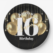 ブラック金ゴールドグリッターはっきりしたスウィート16誕生日バルーン ペーパープレート (正面)