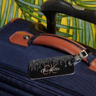 ブラック金ゴールドグリッターはモノグラム名を乾燥 ラゲッジタグ