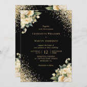 ブラック金ゴールドグリッターアイボリーバラ結婚フローラ 招待状 (正面/裏面)