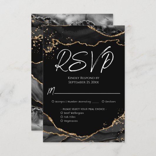 ブラック金ゴールドグリッターアゲートストーンウェディングRSVPカード 出欠カード (正面/裏面)