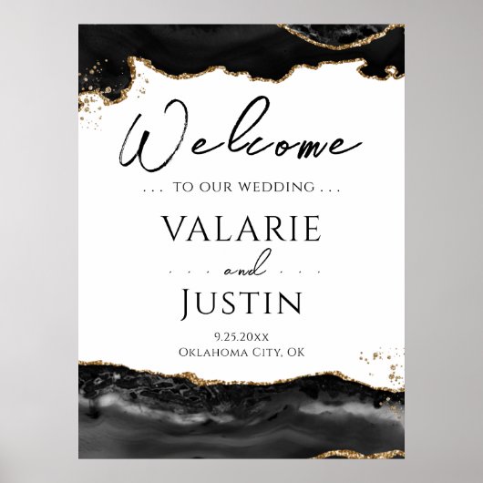 ブラック金ゴールドグリッターアゲ結婚ートのウェルカムサイン ポスター (正面)