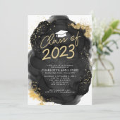 ブラック金ゴールドグリッターアルコールインク卒業パーティー 招待状 (スタンド正面)