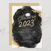 ブラック金ゴールドグリッターアルコールインク卒業パーティー 招待状 (正面/裏面)