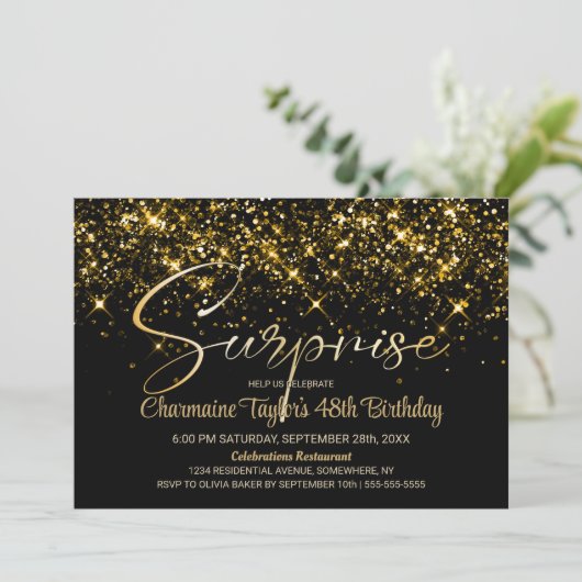 ブラック金ゴールドグリッターエイジサプライズ誕生日パーティー 招待状 (スタンド正面)