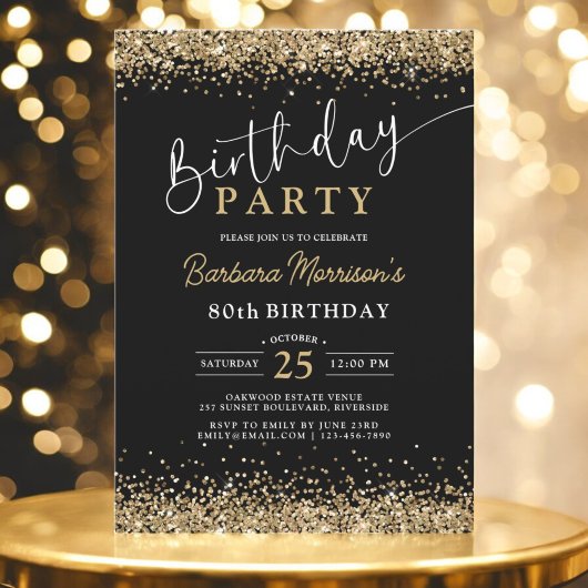 ブラック金ゴールドグリッターエイジ誕生日 招待状