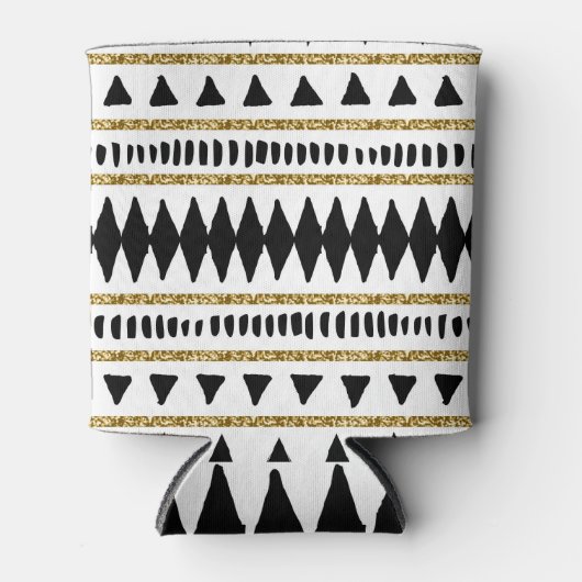 ブラック金ゴールドグリッターエスニックパターン 缶クーラー (正面)