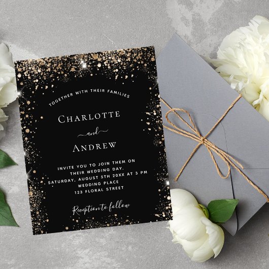 ブラック金ゴールドグリッターエレガントスパークル結婚バジェット チラシ