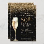ブラック金ゴールドグリッターサプライズ50thバースデーパーティー 招待状 (正面/裏面)