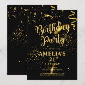 ブラック金ゴールドグリッターシャイニーツレッツパーティー誕生日 招待状 (正面/裏面)