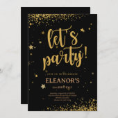 ブラック金ゴールドグリッターシャイニーツレッツパーティー誕生日 招待状 (正面/裏面)
