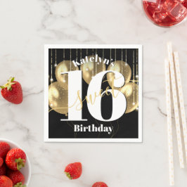 ブラック金ゴールドグリッタースウィート16誕生日バルーンはっきりした スタンダードカクテルナプキン