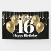 ブラック金ゴールドグリッタースウィート16誕生日バルーンはっきりした 横断幕 (横)