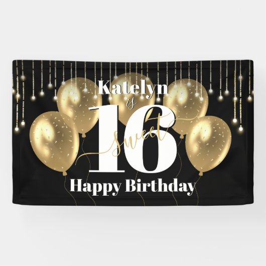 ブラック金ゴールドグリッタースウィート16誕生日バルーンはっきりした 横断幕 (横)