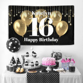ブラック金ゴールドグリッタースウィート16誕生日バルーンはっきりした 横断幕