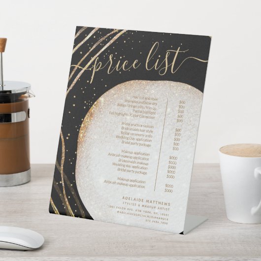 ブラック金ゴールドグリッタースタイリストサロン価格表メニュー 台座サイン (インサイチュ)