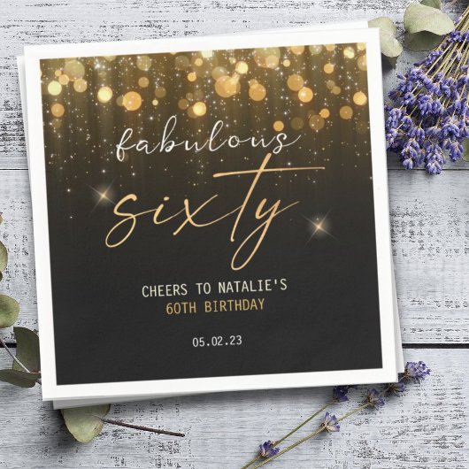 ブラック金ゴールドグリッタースパークルグラム60誕生日 スタンダードカクテルナプキン