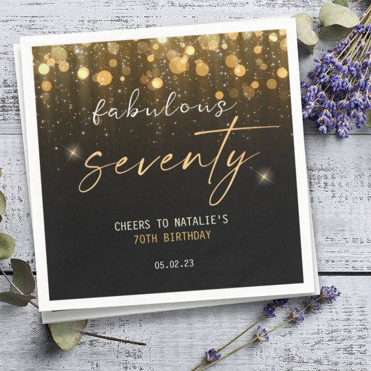 ブラック金ゴールドグリッタースパークルグラム70誕生日 スタンダードカクテルナプキン