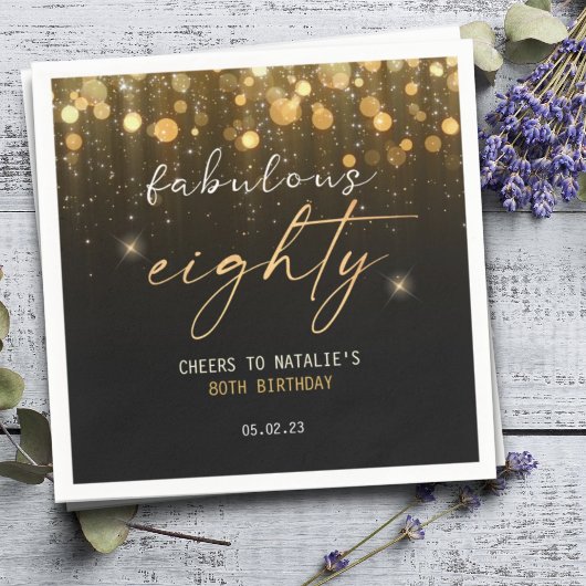 ブラック金ゴールドグリッタースパークルグラム80誕生日 スタンダードカクテルナプキン