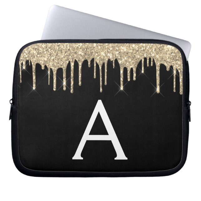 ブラック金ゴールドグリッタースパークルモノグラム ラップトップスリーブ (正面)