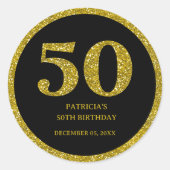 ブラック金ゴールドグリッタータイポグラフィ50thバースデーパーティー ラウンドシール (正面)