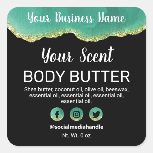 ブラック金ゴールドグリッタートリムティール（緑がかった色）エージェント製品ラベル スクエアシール (正面)