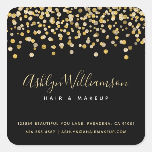 ブラック金ゴールドグリッタードット美容師メイクアップアーティスト スクエアシール (正面)