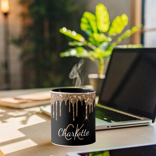 ブラック金ゴールドグリッタードリップモノグラムエレガントスクリプト マグカップ