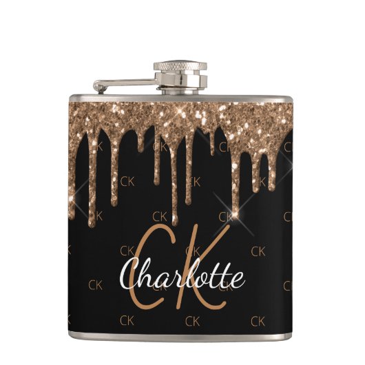 ブラック金ゴールドグリッタードリップモノグラムエレガントスパークル フラスク (正面)