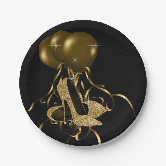 ブラック金ゴールドグリッターハイヒールシューズ女性誕生日 ペーパープレート (正面)