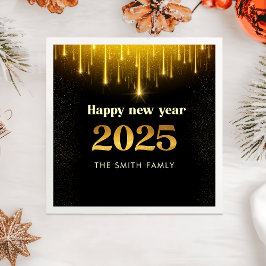ブラック金ゴールドグリッターハッピーニューイヤー2025ナプキンス スタンダードカクテルナプキン