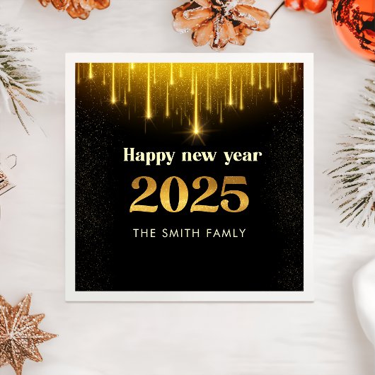 ブラック金ゴールドグリッターハッピーニューイヤー2025ナプキンス スタンダードカクテルナプキン