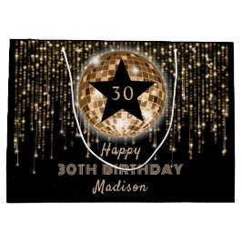 ブラック金ゴールドグリッターハッピー30th誕生日 ラージペーパーバッグ