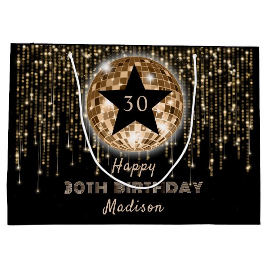 ブラック金ゴールドグリッターハッピー30th誕生日 ラージペーパーバッグ (裏面)