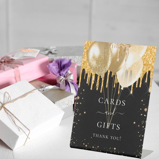 ブラック金ゴールドグリッターバルーンカードギフト 台座サイン