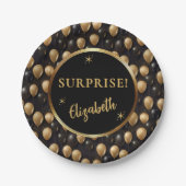 ブラック金ゴールドグリッターバルーン誕生日サプライズ ペーパープレート (正面)