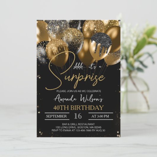 ブラック金ゴールドグリッターバルーン40thサプライズ誕生日 招待状 (スタンド正面)