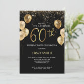 ブラック金ゴールドグリッターバルーン60thサプライズ誕生日 招待状 (スタンド正面)