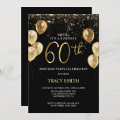 ブラック金ゴールドグリッターバルーン60thサプライズ誕生日 招待状 (正面/裏面)