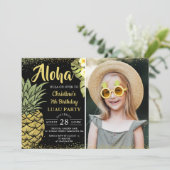 ブラック金ゴールドグリッターパイナップルフローラ誕生日写真 招待状 (スタンド正面)