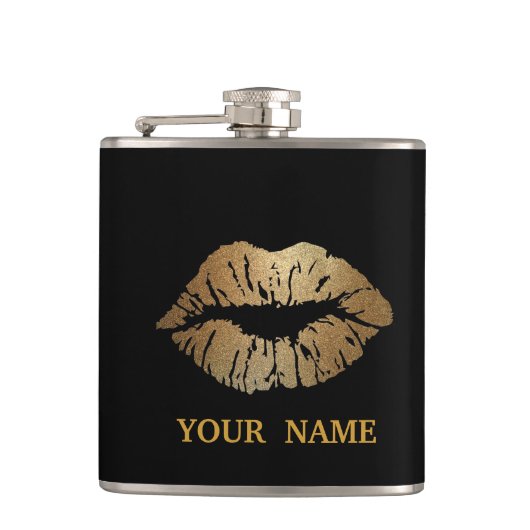 ブラック金ゴールドグリッターフェイクフォイル紙吹雪リップ フラスク (正面)