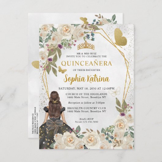 ブラック金ゴールドグリッターフローラプリンセスキンセアニラ インビテーションポストカード (正面/裏面)