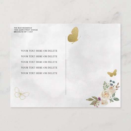 ブラック金ゴールドグリッターフローラプリンセスキンセアニラ インビテーションポストカード (裏面)