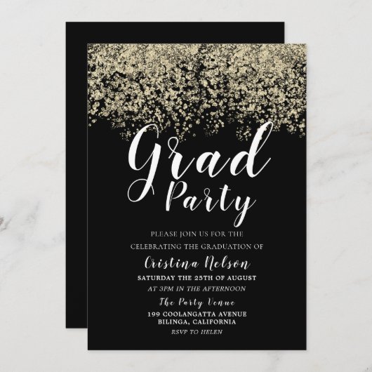 ブラック金ゴールドグリッターボーイガール卒業グラードパーティー 招待状 (正面/裏面)