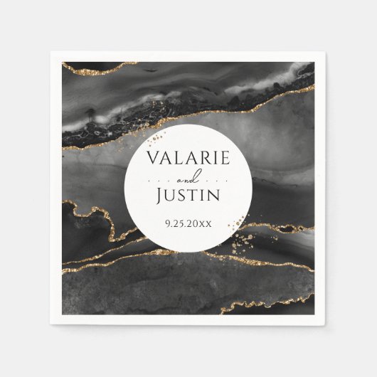 ブラック金ゴールドグリッターマーブル結婚ズナプキンス スタンダードカクテルナプキン (正面)