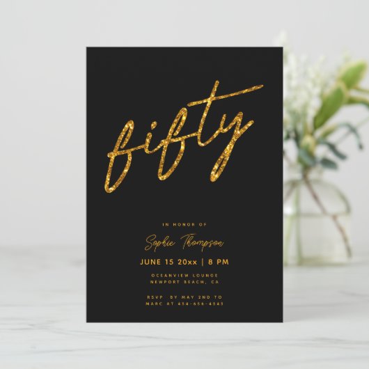 ブラック金ゴールドグリッターミニマエレガントリスト50誕生日 招待状 (スタンド正面)