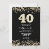 ブラック金ゴールドグリッターメンズ女性40th誕生日パーティー 招待状 (正面)