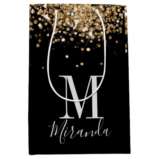 ブラック金ゴールドグリッターモノグラム名前をカスタムする ミディアムペーパーバッグ (正面)