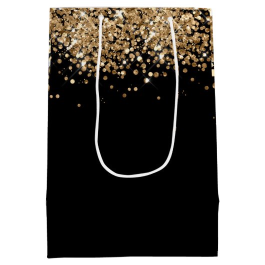 ブラック金ゴールドグリッターモノグラム名前をカスタムする ミディアムペーパーバッグ (裏面)