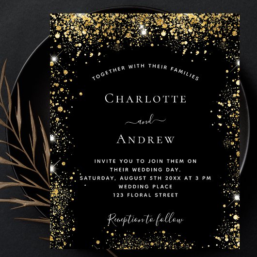 ブラック金ゴールドグリッター予算結婚式招待状 チラシ