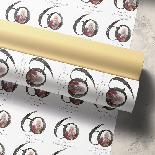 ブラック金ゴールドグリッター写真60誕生日 ラッピングペーパー